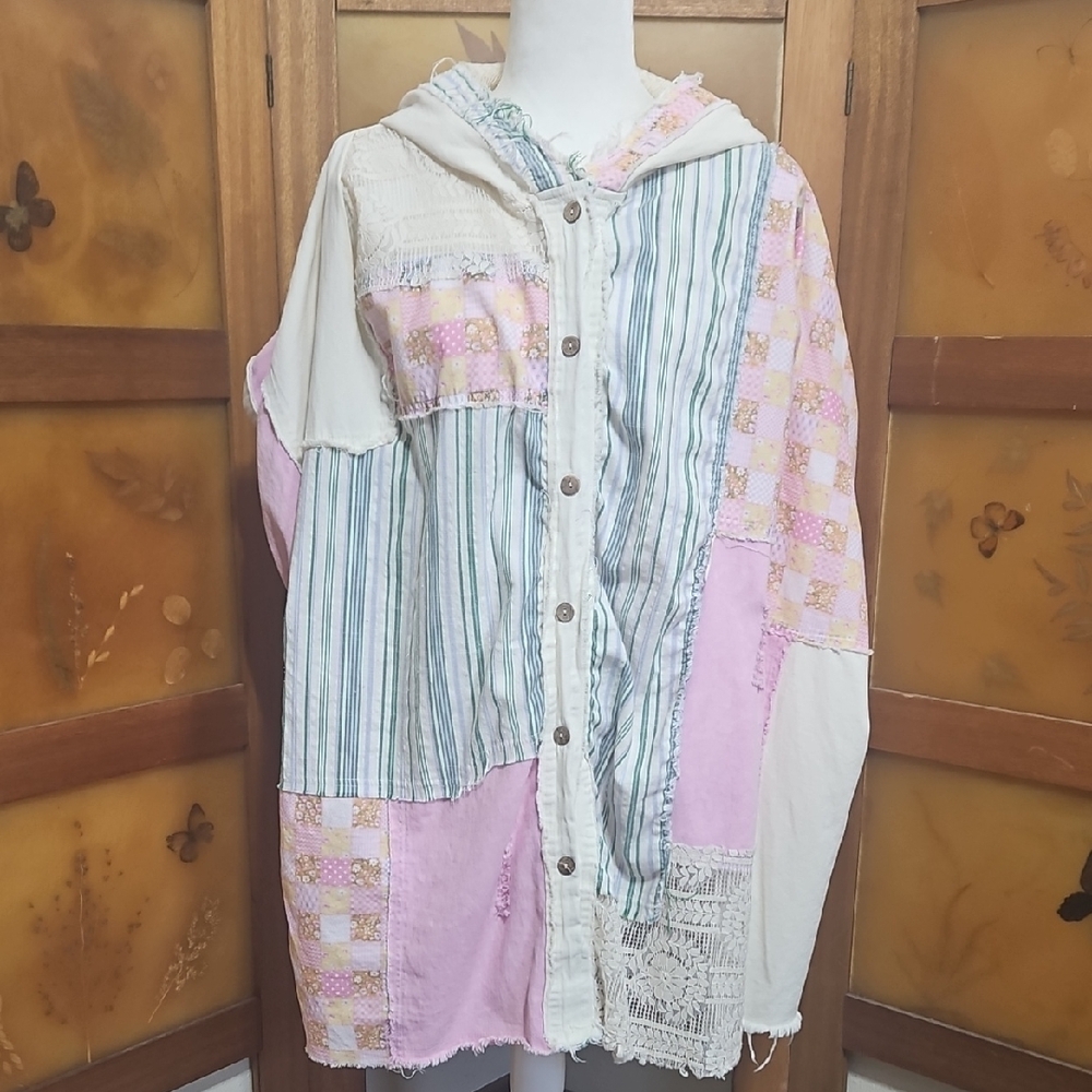 Boho Cottagecore Patchwork Button Down Distressed… - image 7